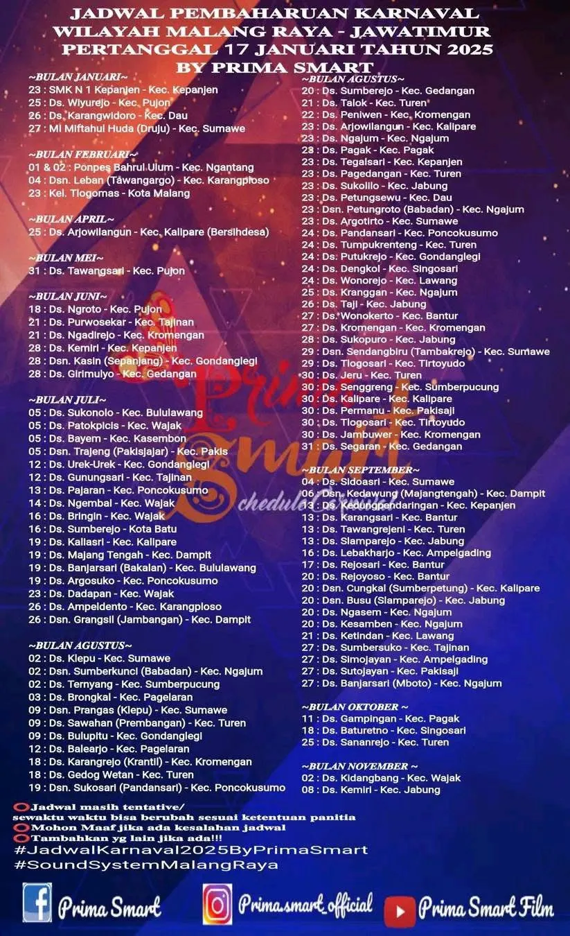 Awal Tahun 2025 Full Horeg! Jadwal Karnaval di Malang Terbaru di Seluruh Kabupaten Malang